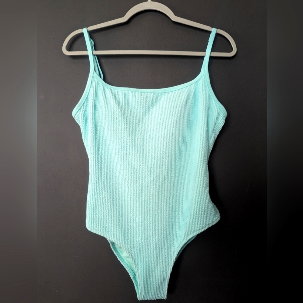 Aerie Real Good Crinkle 1-Piece Swimsuit in Light Teal - Women's Size L